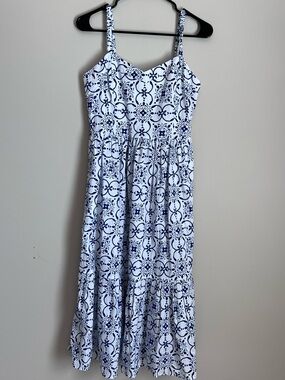 J. Crew Factory Tiered Midi Dress Poplin Cotton White Blue